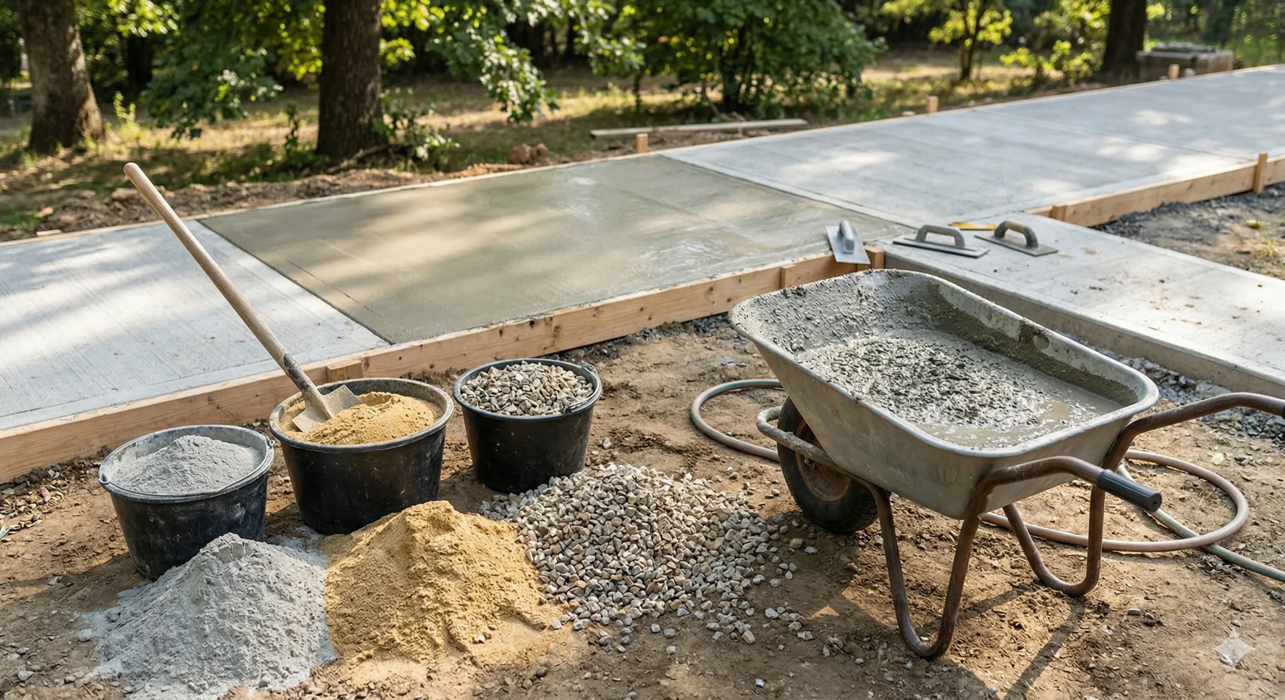 A comprehensive photograph illustrating the process of how to make concrete for a small project, featuring proportional piles and buckets of cement powder, sand, and aggregate next to a full wheelbarrow of wet mix, with a newly poured concrete path and tools in the background.