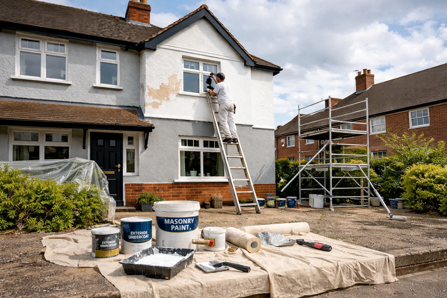 How to Paint the Outside of the House (Complete UK Guide 2026) – painter on ladder applying exterior masonry paint to a traditional British home with tools and scaffolding visible.