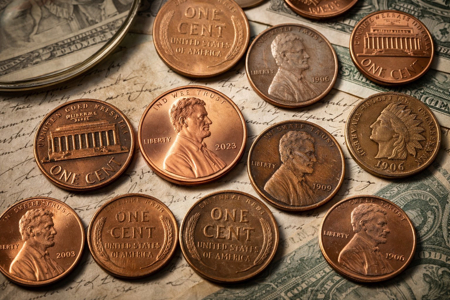 Who Is on the Penny – close-up of U.S. one-cent coins showing Abraham Lincoln portrait with historical pennies on vintage documents and dollar bills.