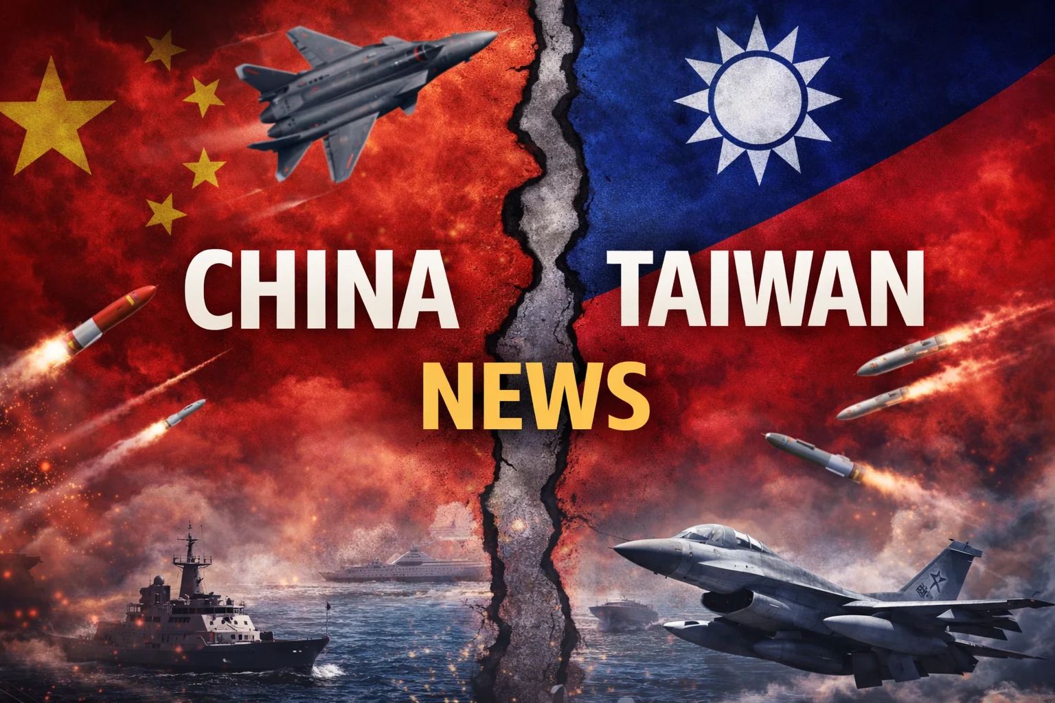 China Taiwan news illustration showing divided flags, fighter jets, missiles, and naval ships symbolizing rising tensions.