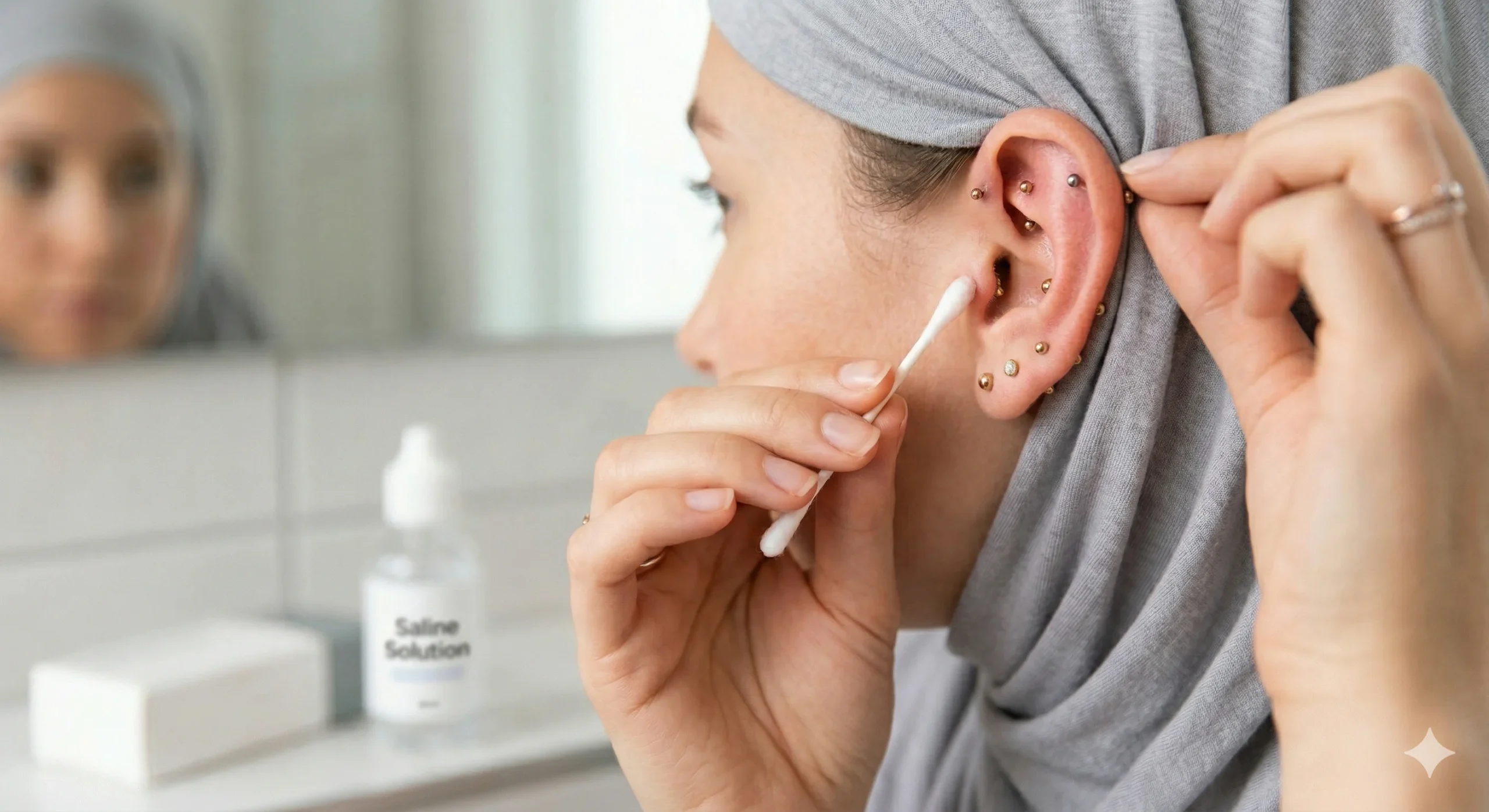 A close-up photograph of a woman wearing a grey hijab, meticulously cleaning her multiple fresh complex ear piercings (helix, conch, lobe) with a sterile cotton swab and saline solution, demonstrating proper aftercare to manage how long does it take ear piercings to heal.