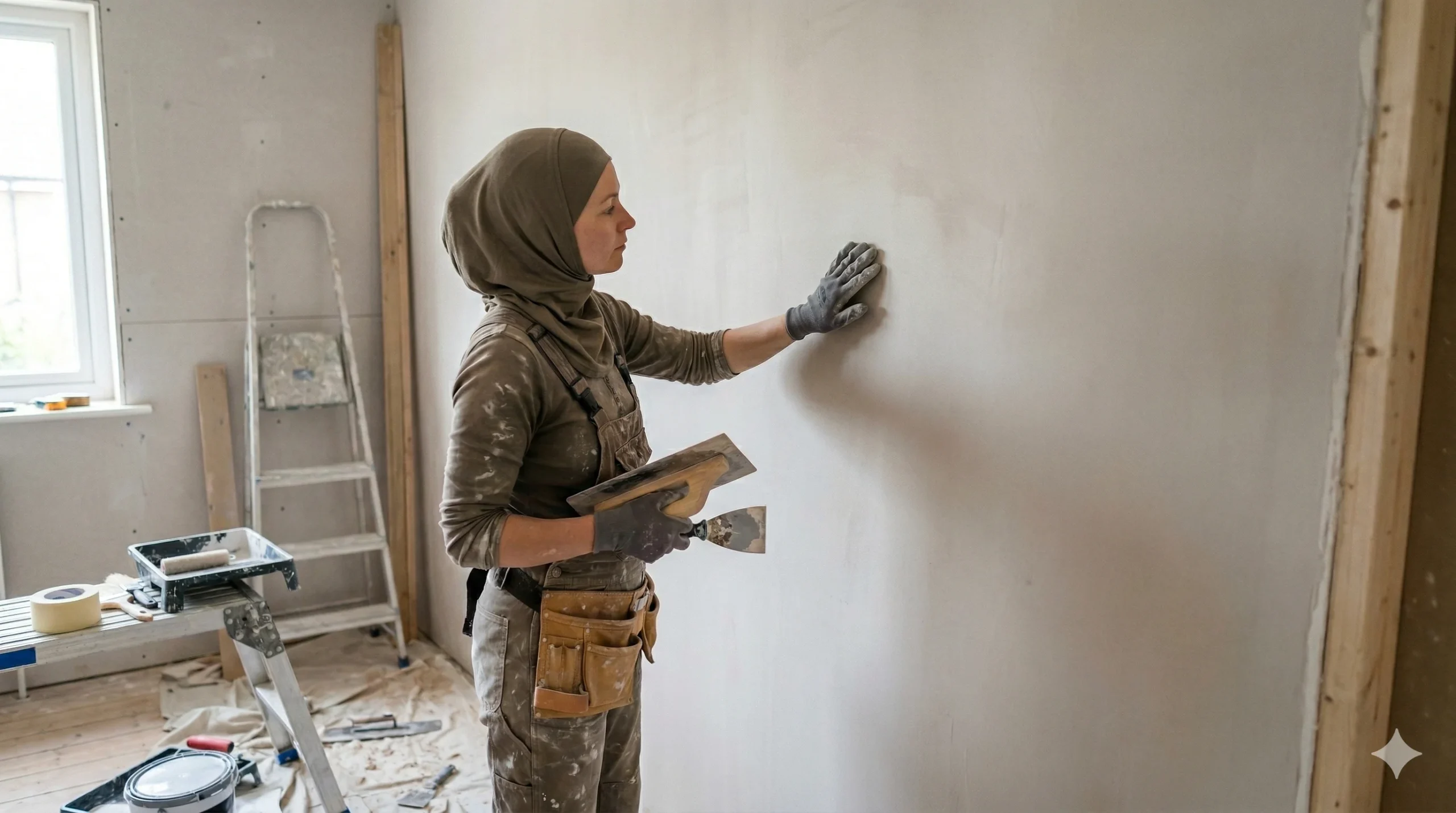 A tradeswoman wearing a hijab, work overalls, and a tool belt stands in a construction site, touching a freshly skimmed wall with her gloved hand to gauge how long does it take for plaster to dry.