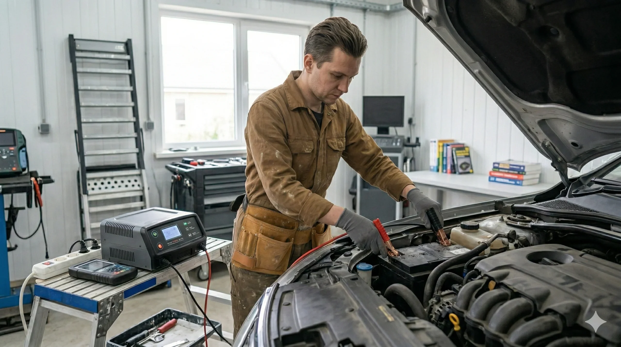 A male mechanic in brown work clothes connecting jumper cables from a "TOSN" battery charger to a car battery to test how long does it take to charge a car battery.
