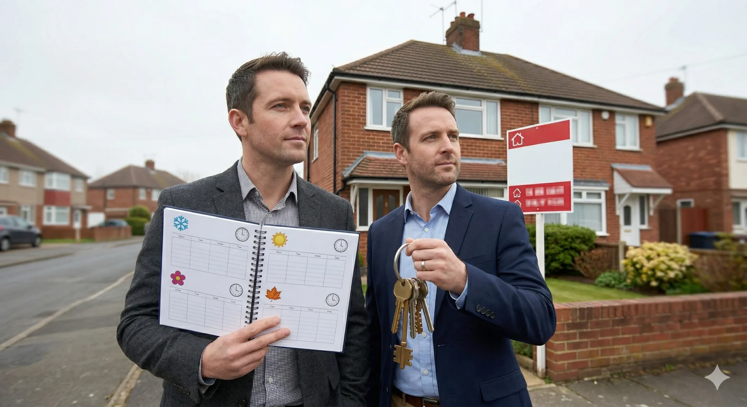 A "For Sale" sign in front of a modern UK terraced house with a "Sold" sticker being applied, illustrating how long does it take to sell a house in the UK.