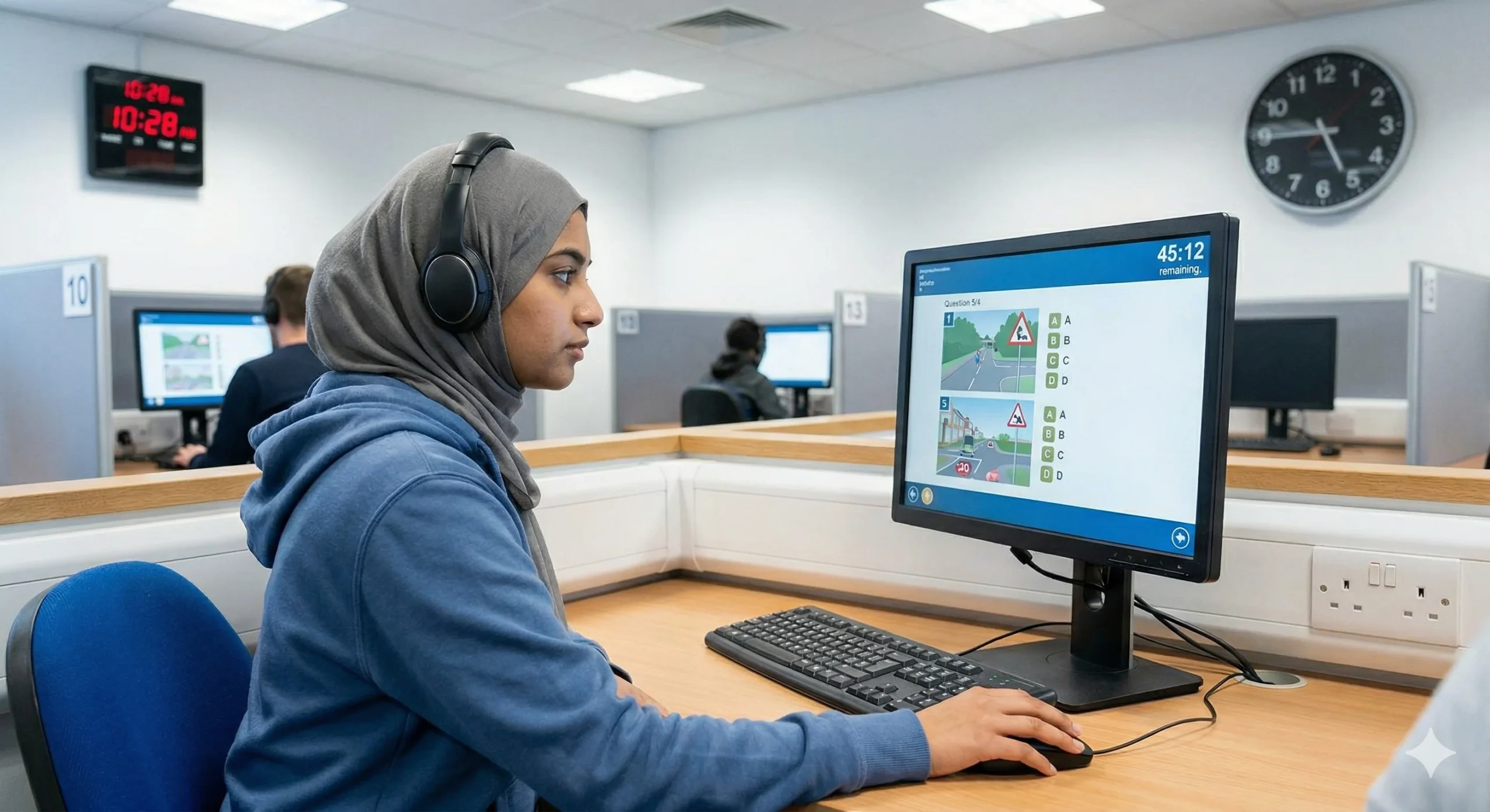 A focused young woman wearing a hijab takes a timed computer-based exam at a testing center, illustrating the topic: How Long Does a Theory Test Take: UK Learner's Guide.