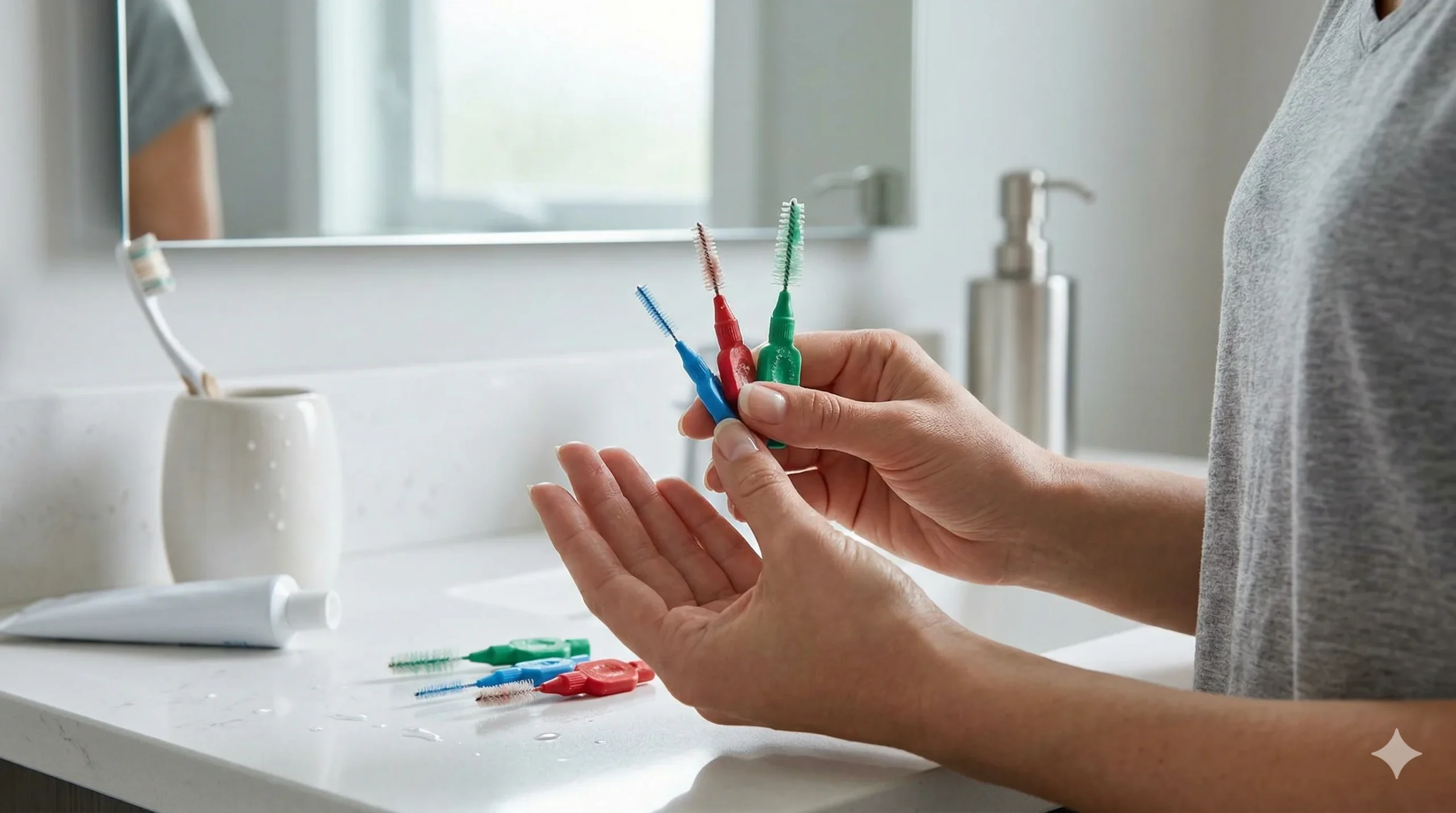 A woman in a grey hijab holds multiple colored interdental brushes while considering how many times can you reuse an interdental brush in a bathroom.