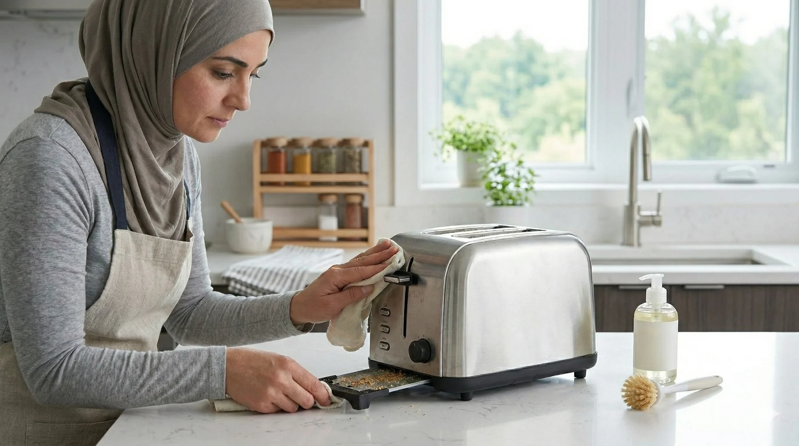 A woman wearing a grey hijab and long sleeves demonstrates how to clean a toaster by wiping the exterior and removing the crumb tray.