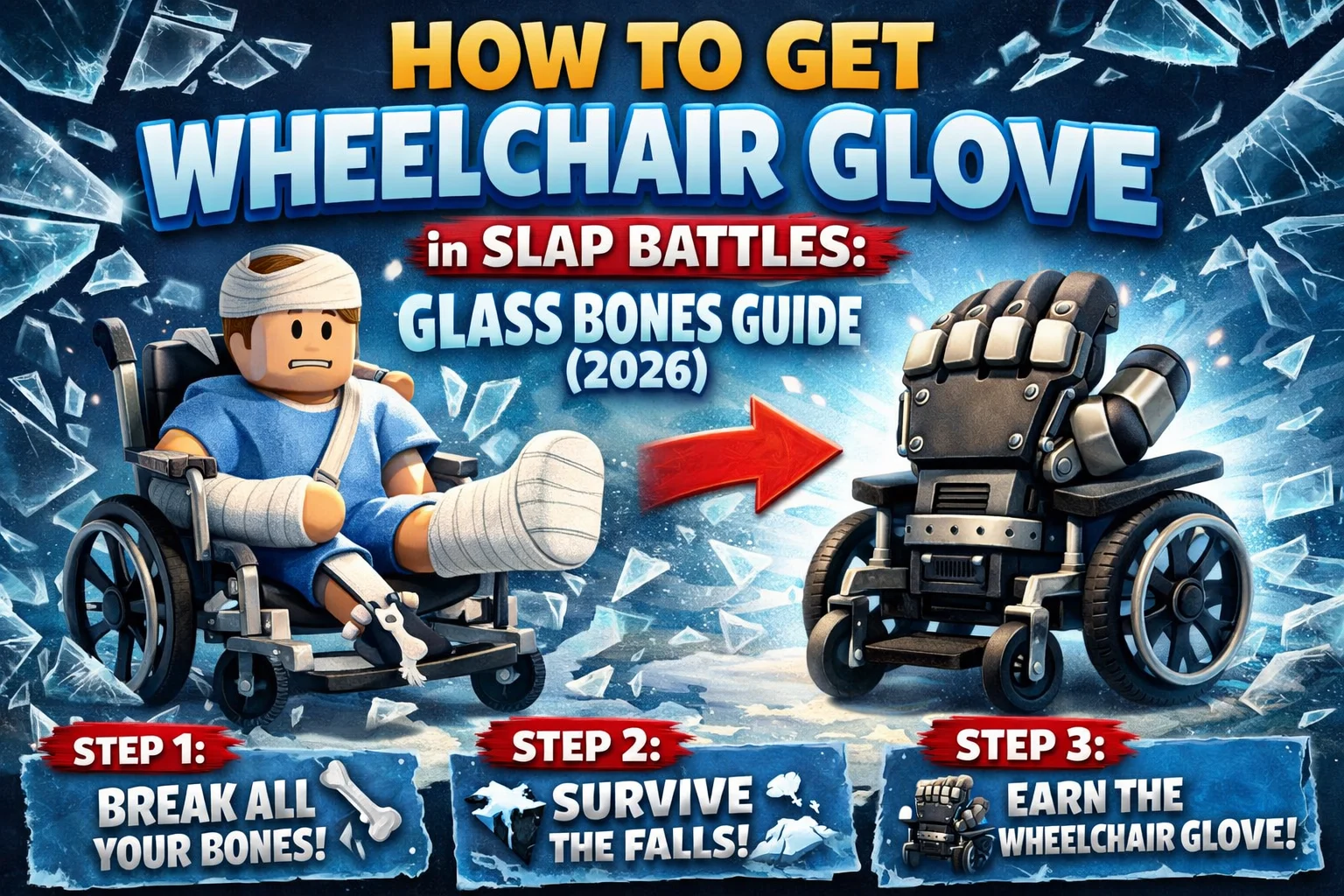 A Roblox character in a bandaged wheelchair in the Slap Battles arena, surrounded by the Table Flip, Brick, and Bomb gloves.
