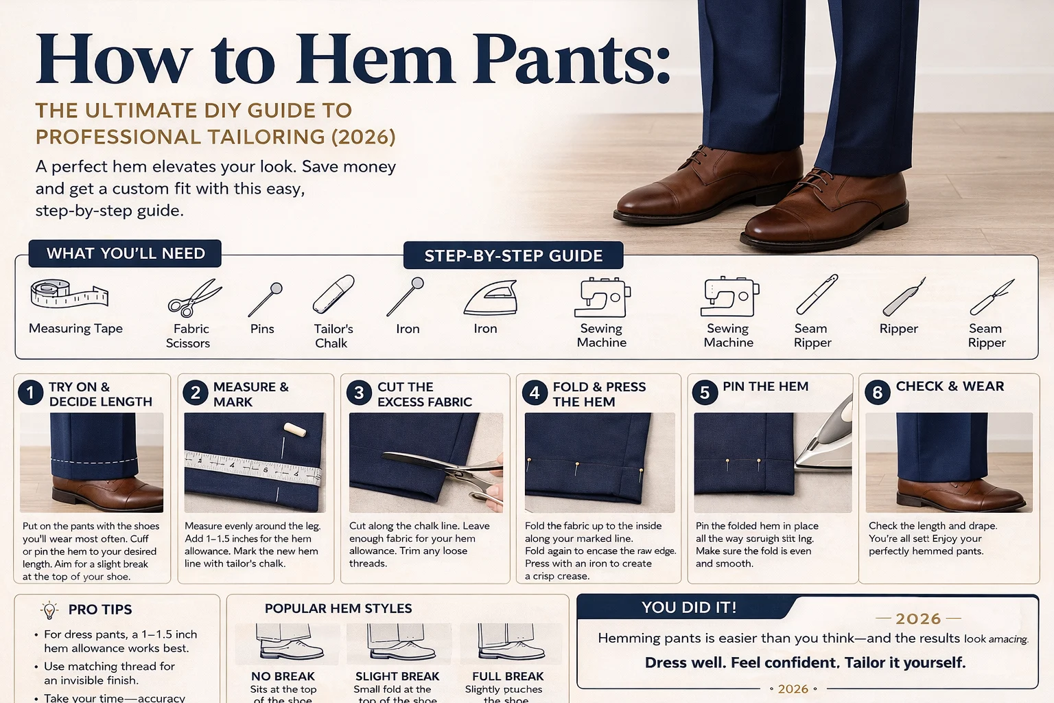 A close-up of a person using fabric chalk and a seam gauge to mark a new hemline on a pair of folded navy blue trousers.