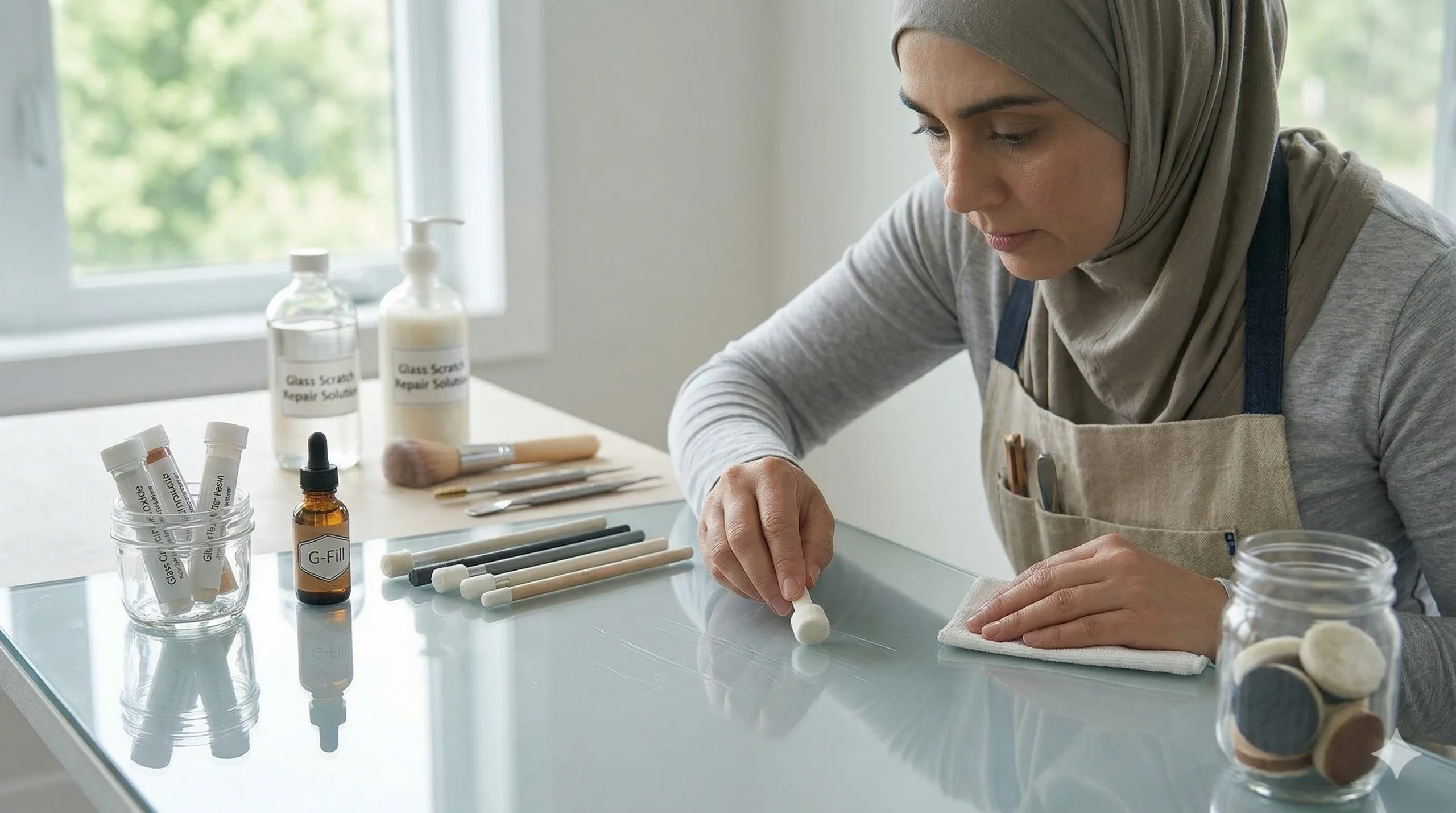 A woman in a grey hijab and long-sleeved shirt using a small polishing tool and a cloth to demonstrate how to hide scratches in glass on a table surface.