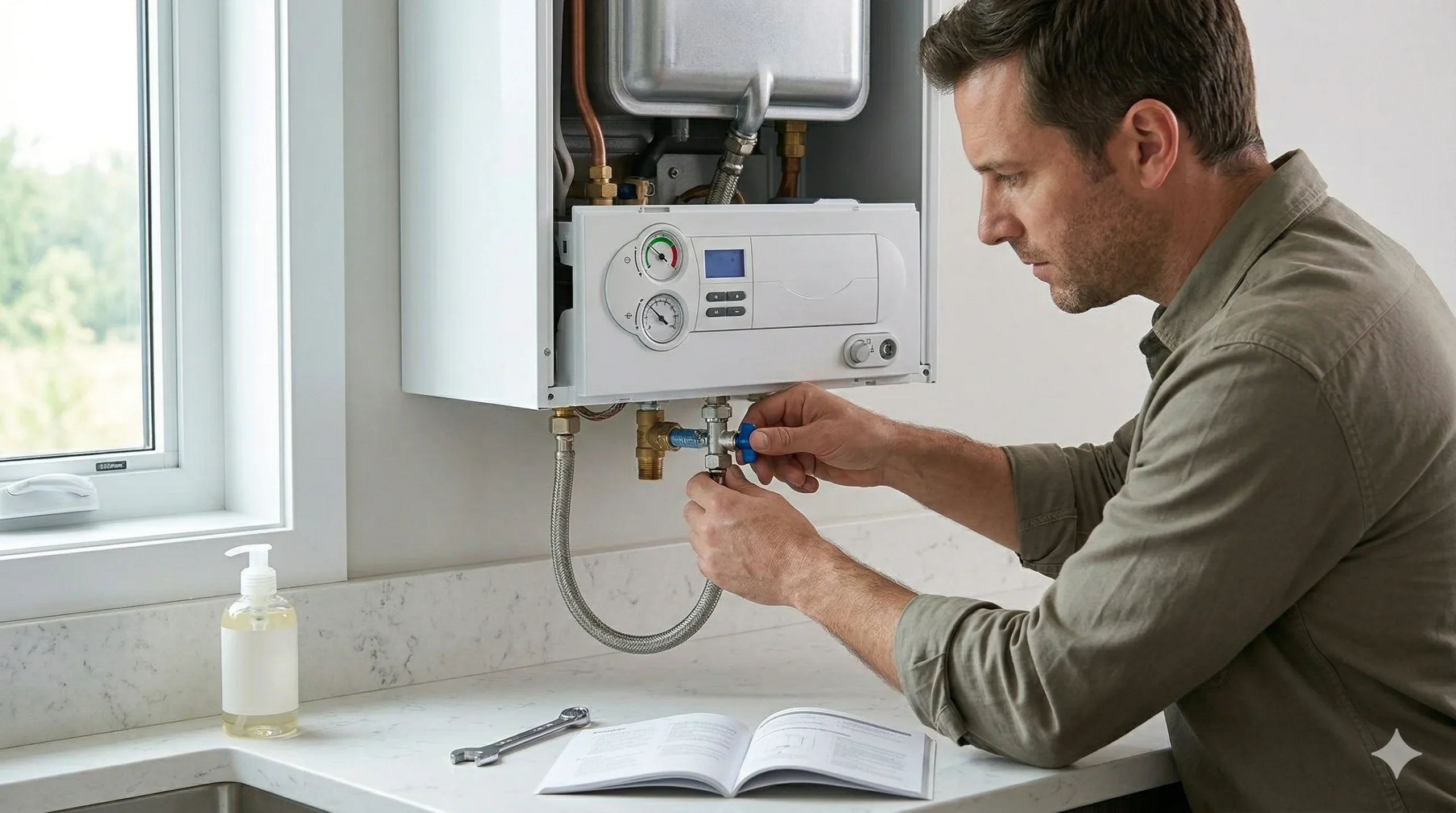 A man in an olive green shirt consulting a manual to learn how to increase boiler pressure in a modern kitchen with a window and a marble countertop.