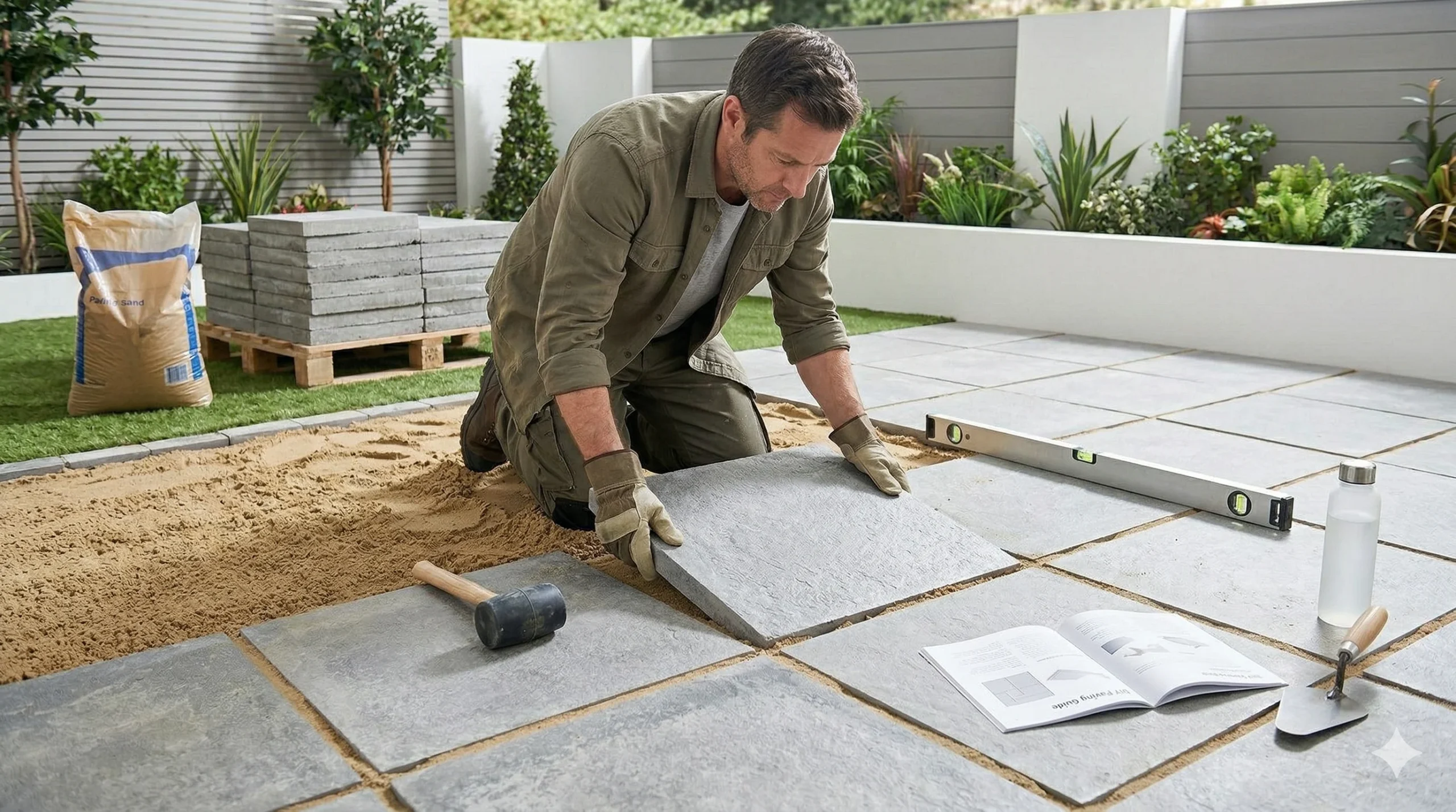 A man in work gloves kneeling in a garden to carefully place a stone tile, demonstrating the correct technique for how to lay paving slabs.