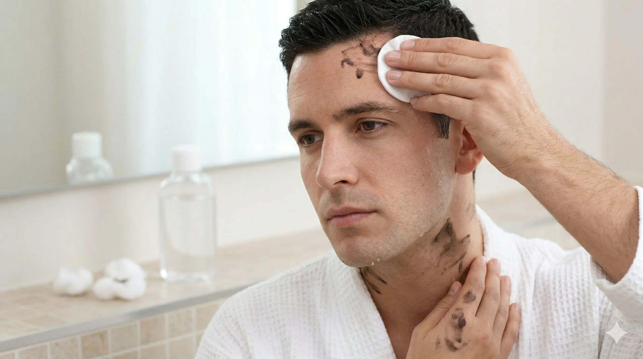 A man in a bathroom environment, pensive and using a cotton pad to wipe dark stains, demonstrating a critical step on how to remove hair dye from skin after a home coloring session.