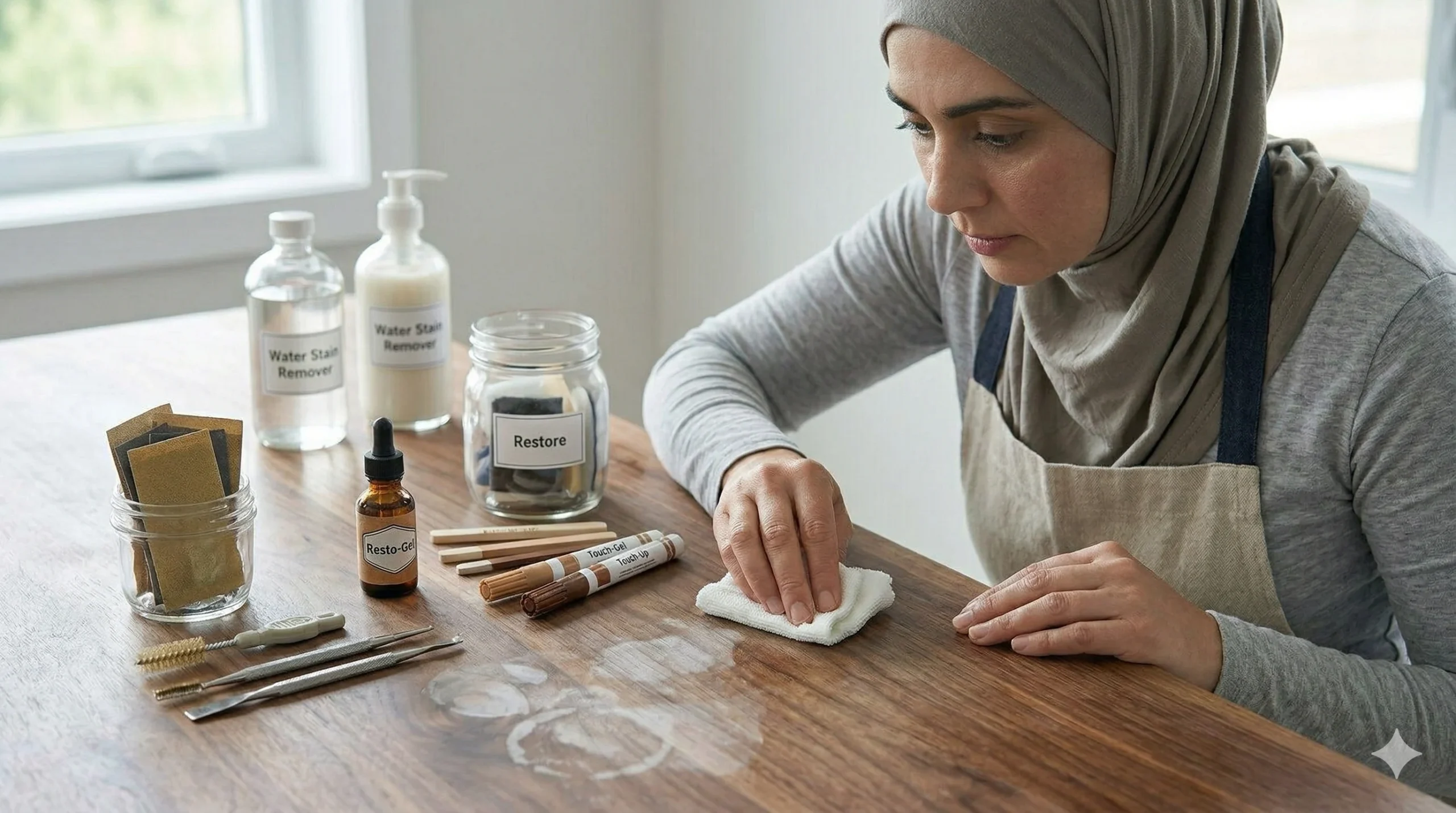 A woman in a grey hijab and long-sleeved shirt gently wiping a white ring mark on a wooden table to demonstrate how to remove water stains from wood.
