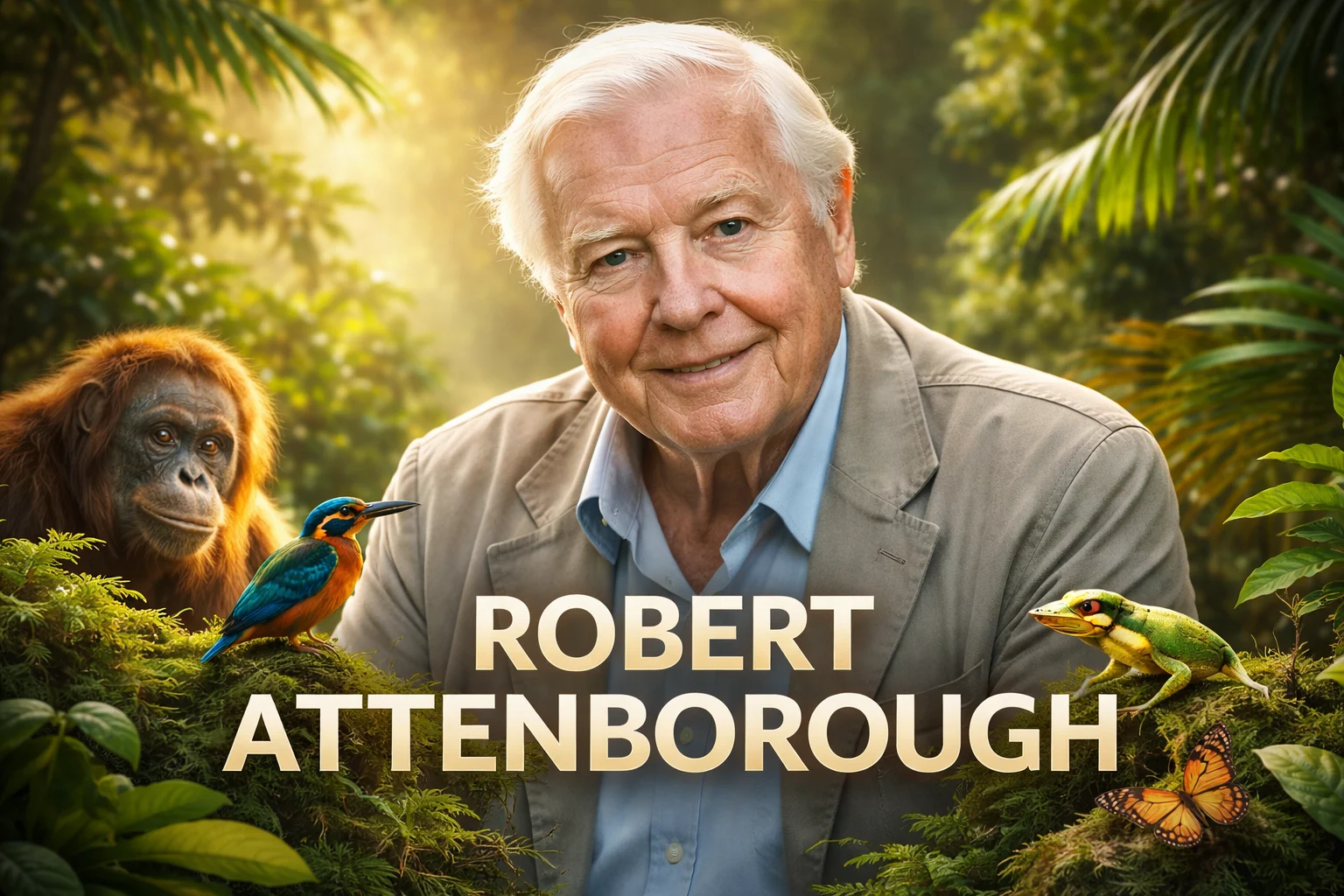 Portrait of Robert Attenborough surrounded by wildlife including an orangutan, bird, frog, and butterfly in a lush natural setting.