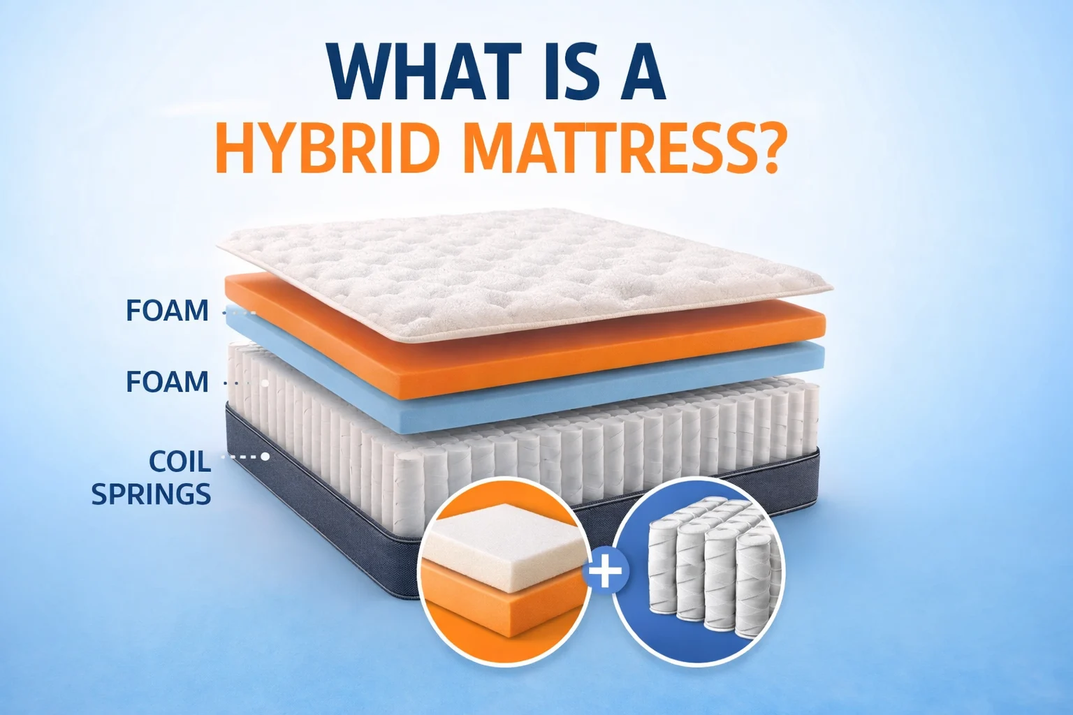 Infographic of a hybrid mattress showing layered foam and coil springs with labeled sections and text reading “What is a Hybrid Mattress?”