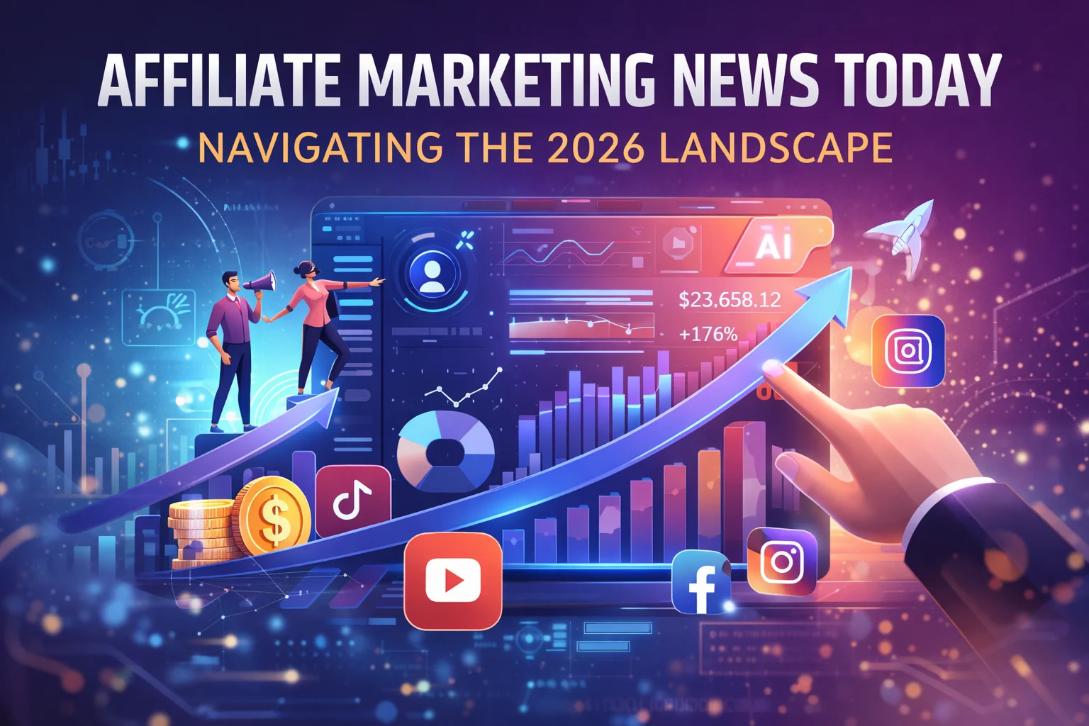 Affiliate marketing news illustration with analytics dashboard, social media icons, and upward growth chart.