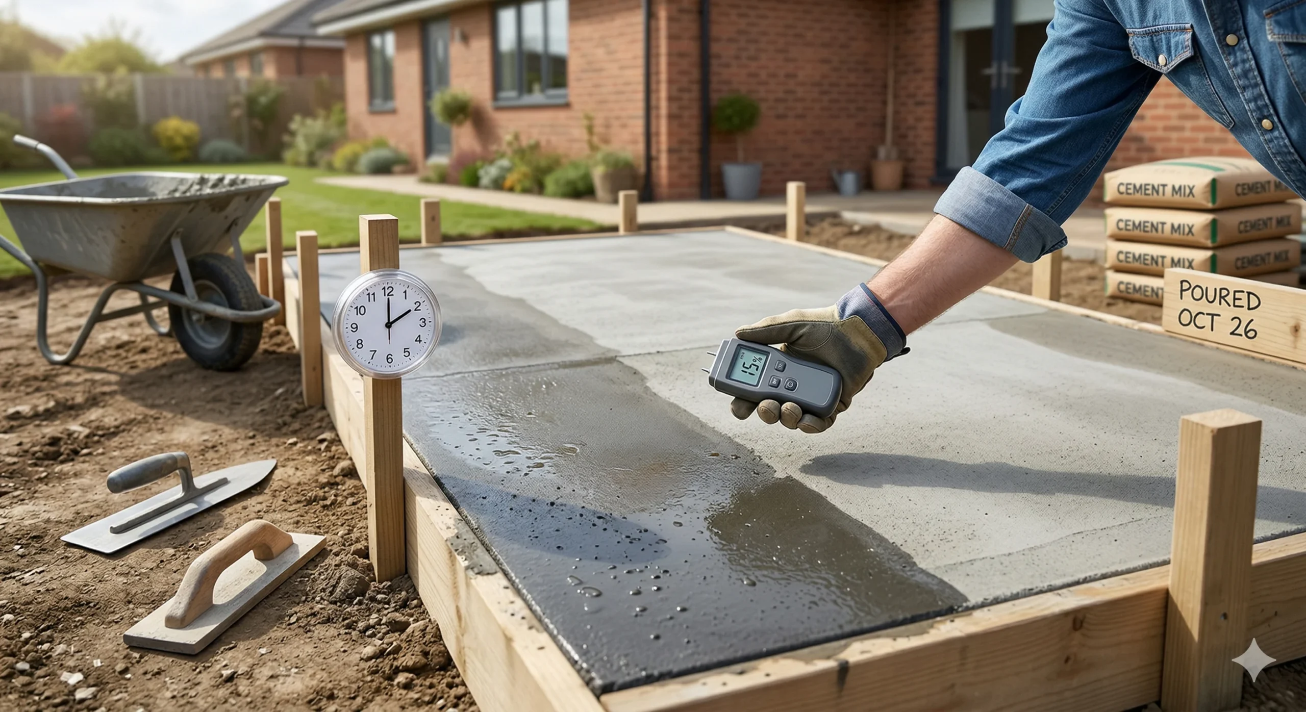 A handyman dabbing a handheld moisture meter onto a freshly poured concrete slab to determine how long does concrete take to dry, with a clock and concrete bags in the background.