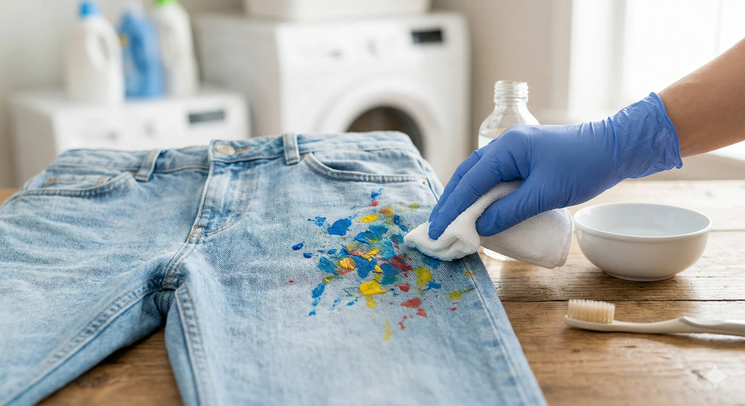 A close-up of a person's hand wearing a blue glove using a white cloth to treat multi-colored acrylic paint stains on denim jeans, illustrating a key step in how to take out acrylic paint from clothes.