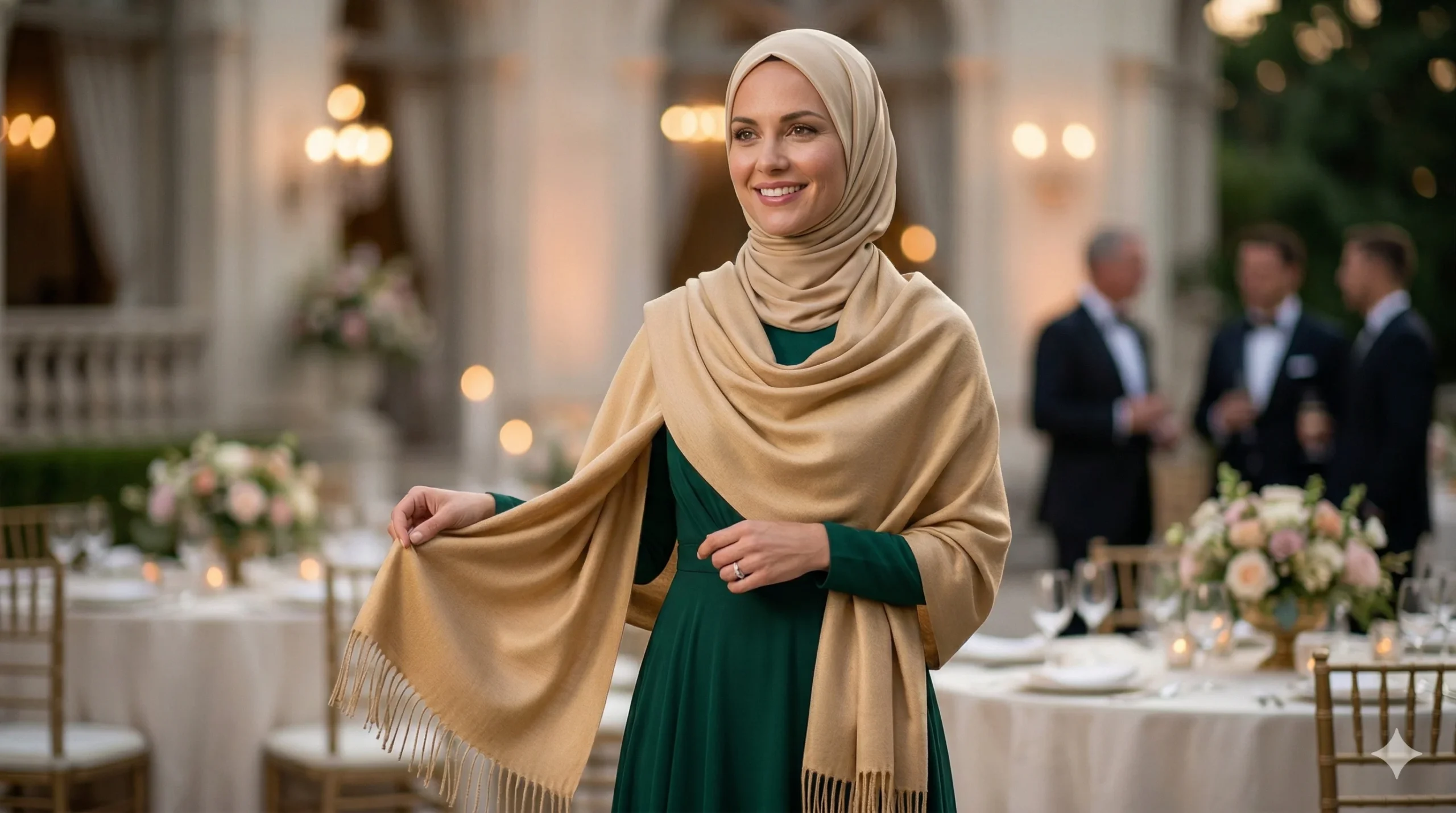 A smiling woman in a modest green dress and hijab elegantly draping a beige shawl over her shoulders, showcasing a stylish example of how to wear pashmina for wedding.