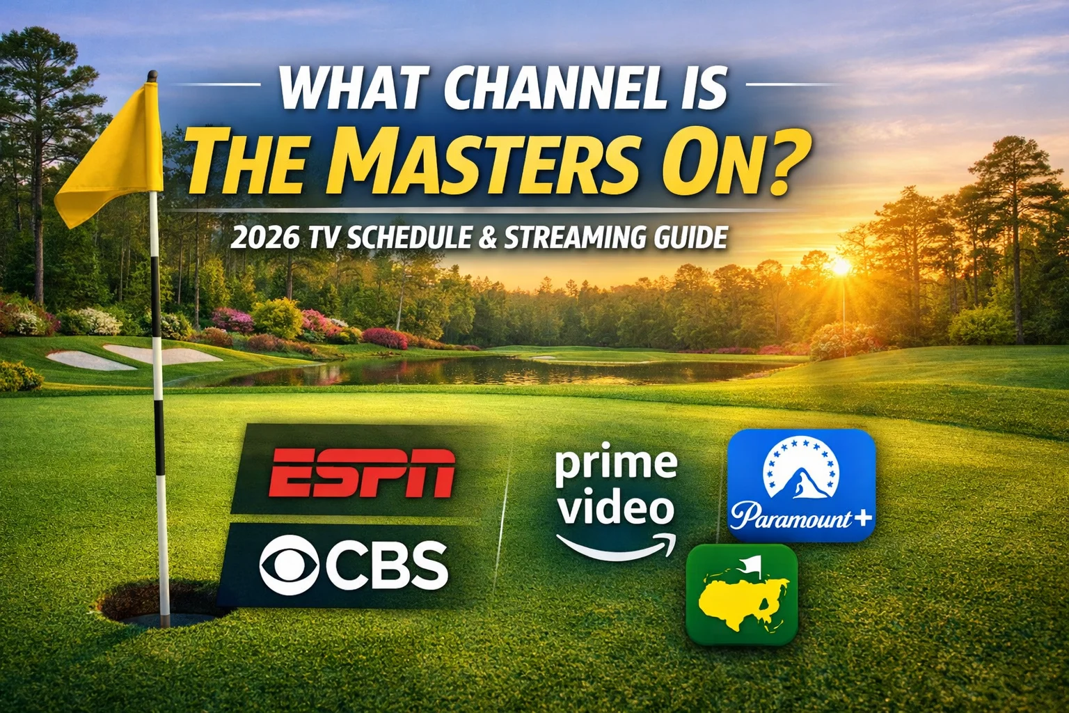 Golf course at sunrise with a yellow flagstick and bold text reading “What Channel Is The Masters On? 2026 TV Schedule & Streaming Guide,” alongside ESPN, CBS, Prime Video, and Paramount+ logos.