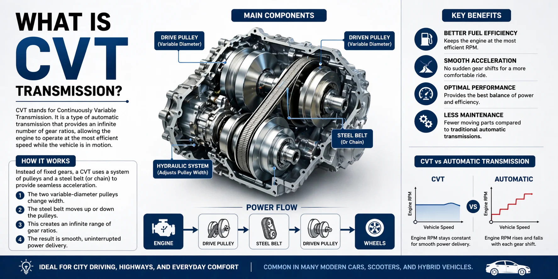 Infographic explaining CVT transmission with pulleys, steel belt system, and comparison to automatic transmission.
