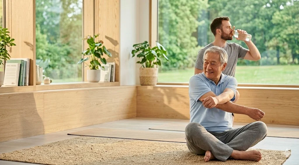 A high-quality photo of two men focusing on their physical health inside a bright, minimalist wellness studio with large windows overlooking a green lawn, featuring an older East Asian man stretching on a woven mat and a younger man drinking water in the background.