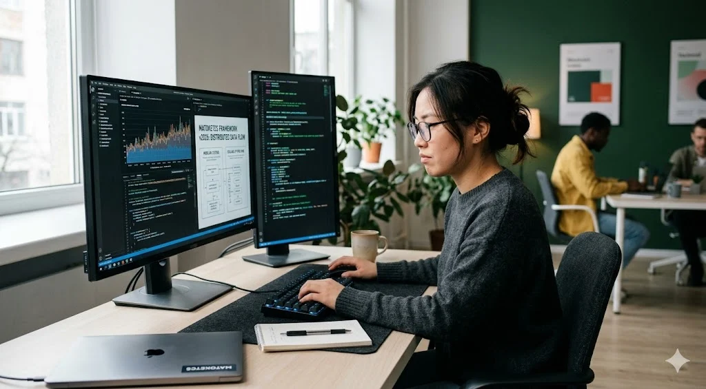 A female software engineer working at a wooden desk with dual monitors displaying data code visualization and software framework schematics for The Red News.