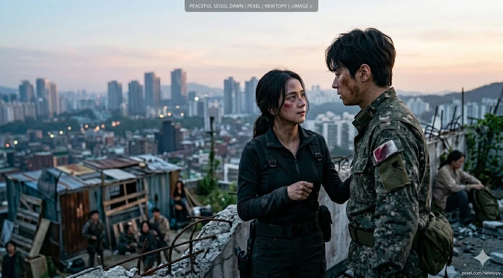A cinematic 1200x660 image for the Newtopy K-Drama featuring a male soldier in a camouflage uniform and a female survivor in black tactical gear standing on a rooftop overlooking a devastated Seoul skyline at dawn.