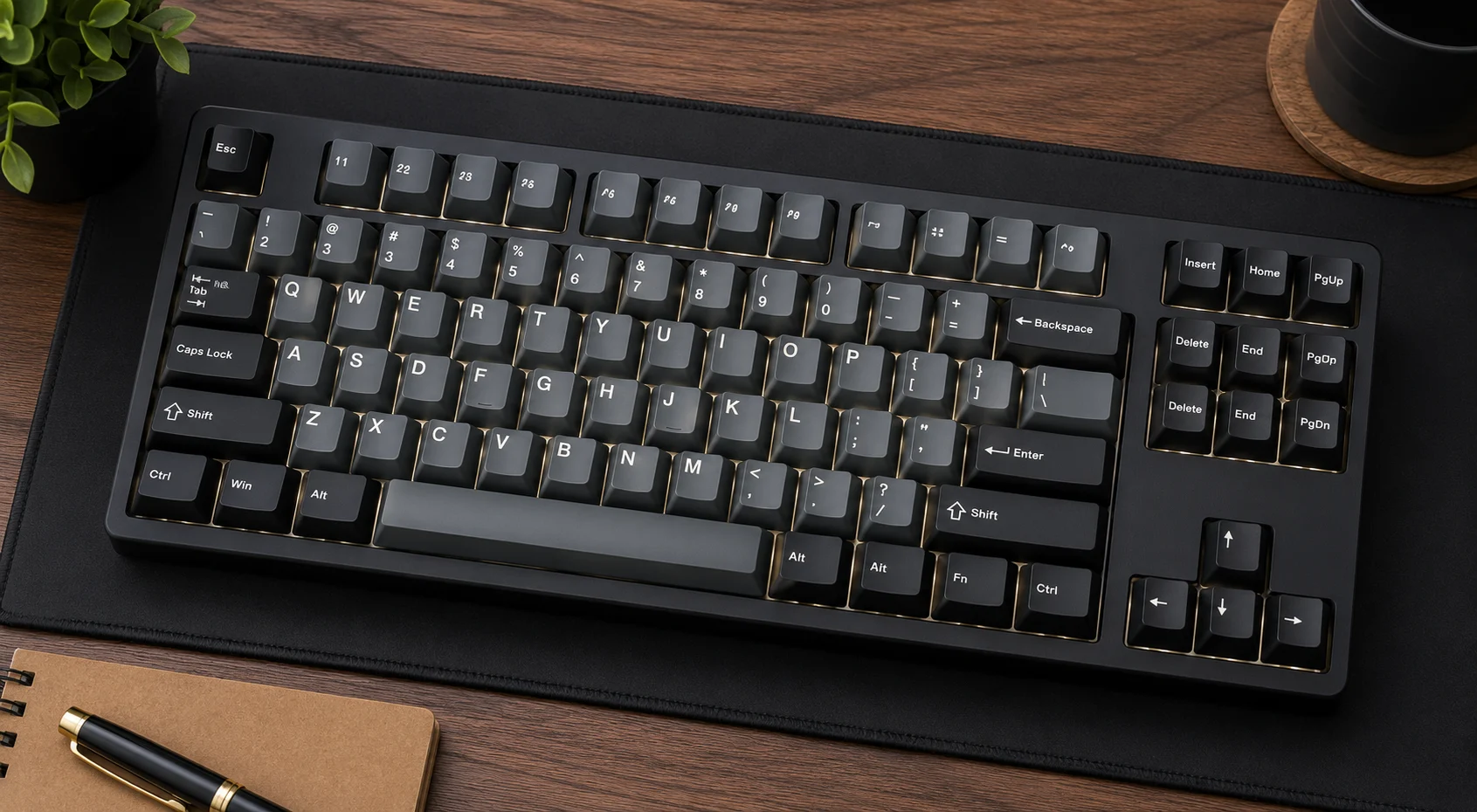 A high-end workspace featuring a sleek mechanical keyboard, a minimalist digital clock by Vadim Kibardin, and an art thesis titled Kibard, representing the intersection of design and technology for The Red News.