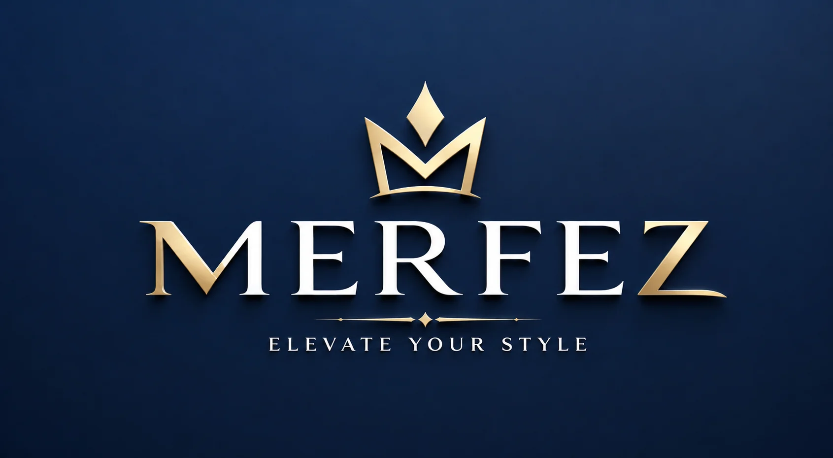 Luxury-style Merfez logo featuring a gold crown above the word “MERFEZ” in elegant gold and silver lettering on a dark navy blue background, with the tagline “Elevate Your Style” below.