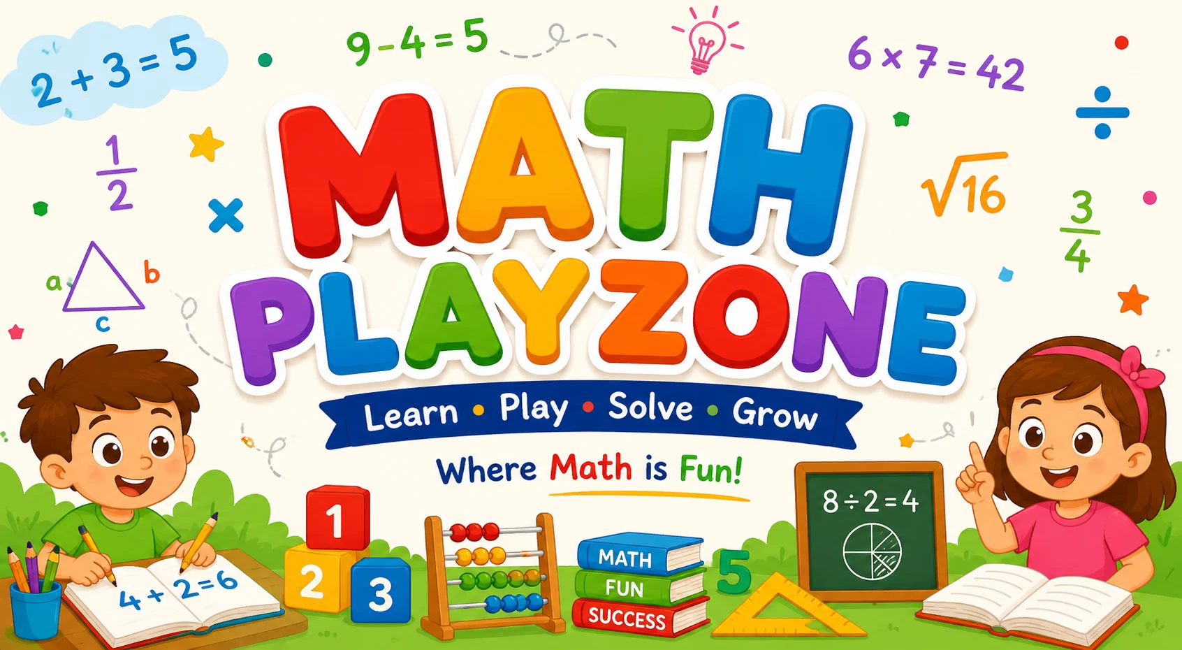 Colorful MathPlayZone educational banner featuring cheerful cartoon children learning math, surrounded by numbers, equations, fractions, geometric shapes, an abacus, books, and classroom tools. The bright rainbow-colored "MathPlayZone" title is centered with the slogan "Learn • Play • Solve • Grow" and "Where Math is Fun!" below. Description: