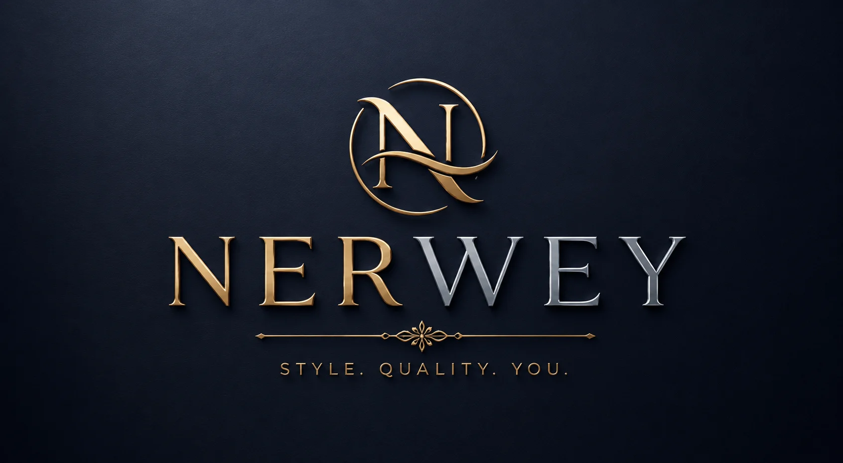 Luxury NERWEY logo featuring a gold monogram emblem above metallic gold and silver lettering on a dark navy textured background, with the tagline “Style. Quality. You.